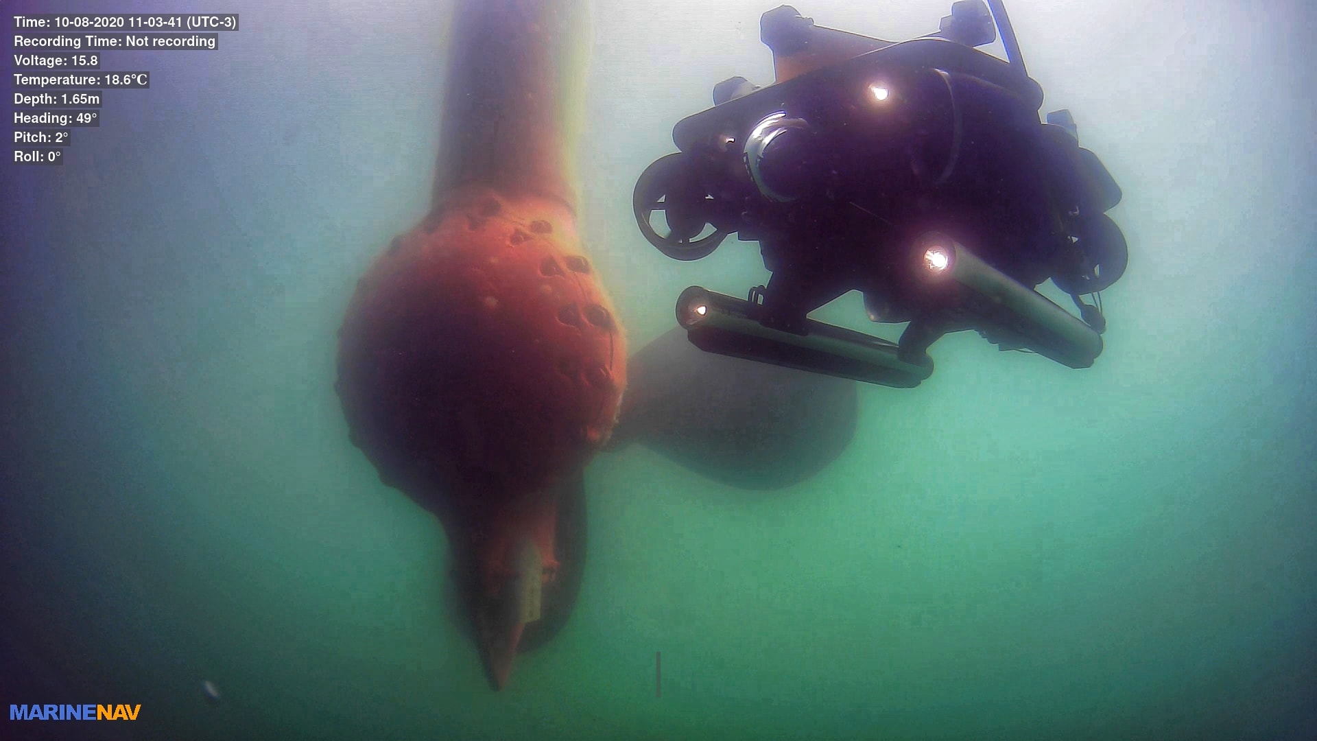 Underwater ROV inspection near a marine vessel